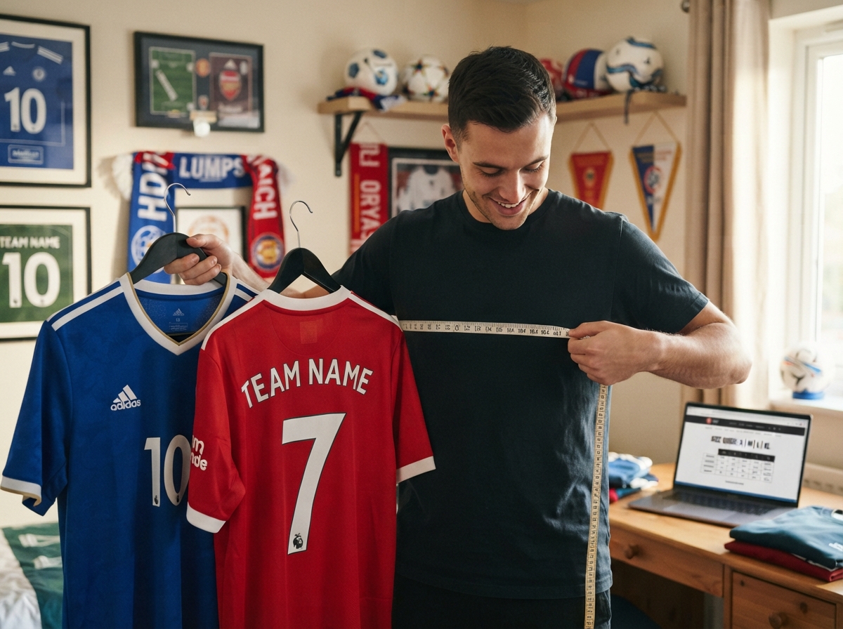 Personne mesurant son tour de poitrine au mètre ruban avant de choisir la taille de son maillot de football